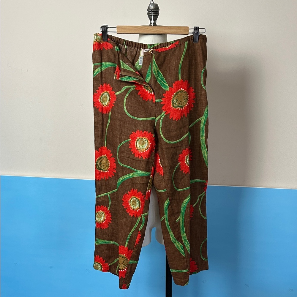 Dandy by Randi M Linen Brown red flower crop pants elastic band size M